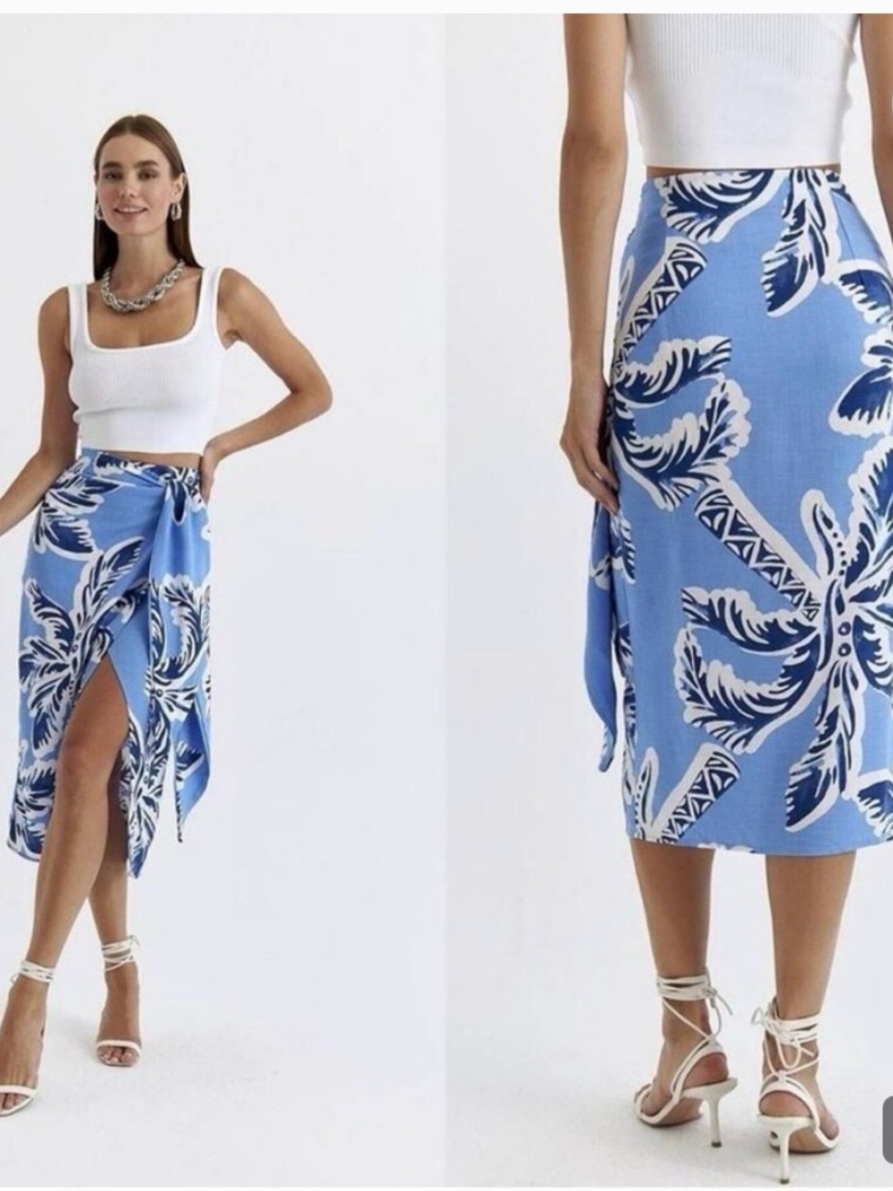 H&M Linen Blend Island Coastal Print Wrap Skirt midi side tie Front Slit